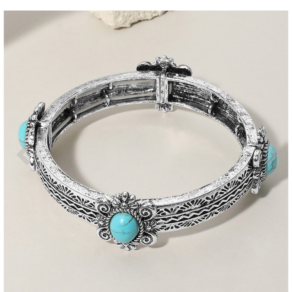 Southwestern Silver and Turquoise Stretch Bracelet - Picture 2 of 2